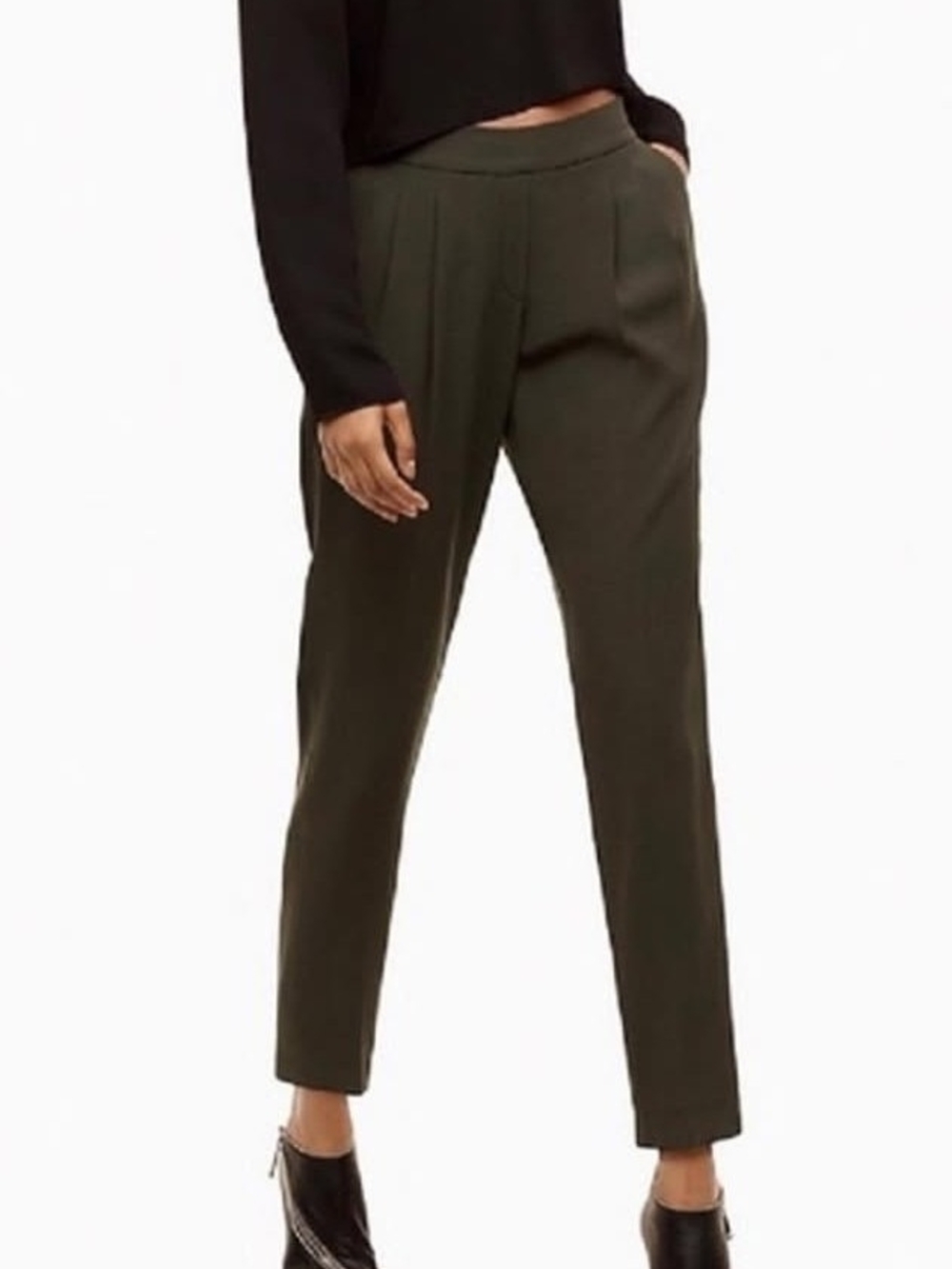 ARITZIA BABATON Cohen dark olive green pleated pull-on crop trousers